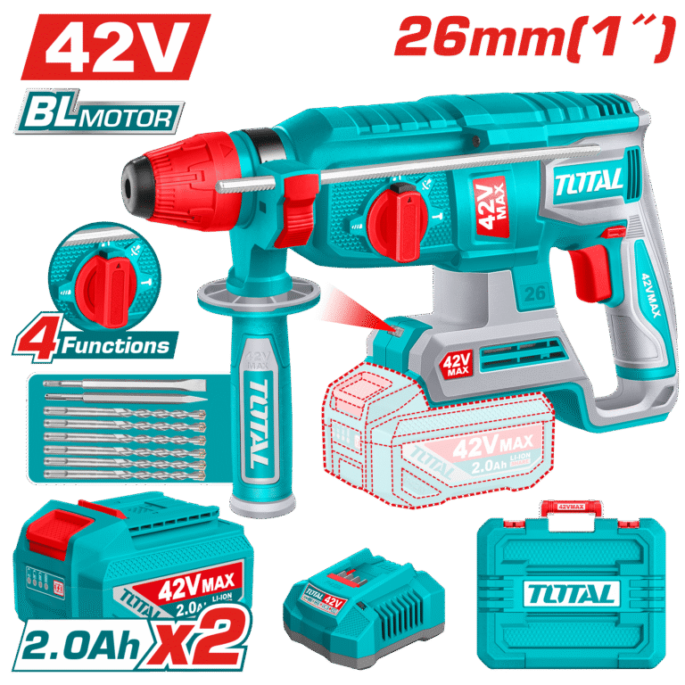 همر شحن 42 فولت - 2.5 جول بدون فحمات مع نظام SDS Plus وإكسسوارات من توتال (TRHLI422682)