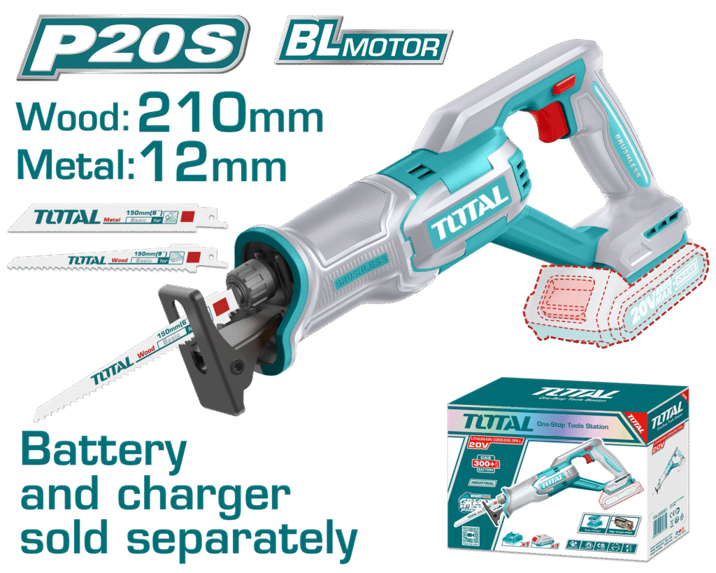 TOTAL 20V Cordless Reciprocating Saw – 0-2800rpm, Cutting Capacity Wood 210mm & Metal 12mm, Blades Included (TRSLI2108)
