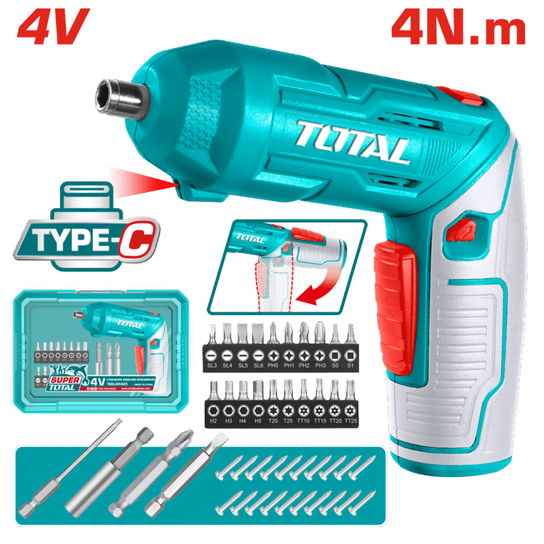 TOTAL Cordless Screwdriver – 4V, 240rpm, 4N.m Torque, 1/4" Hex, Adjustable Handle with 23-Pc Bit Set (TSDLI04425)