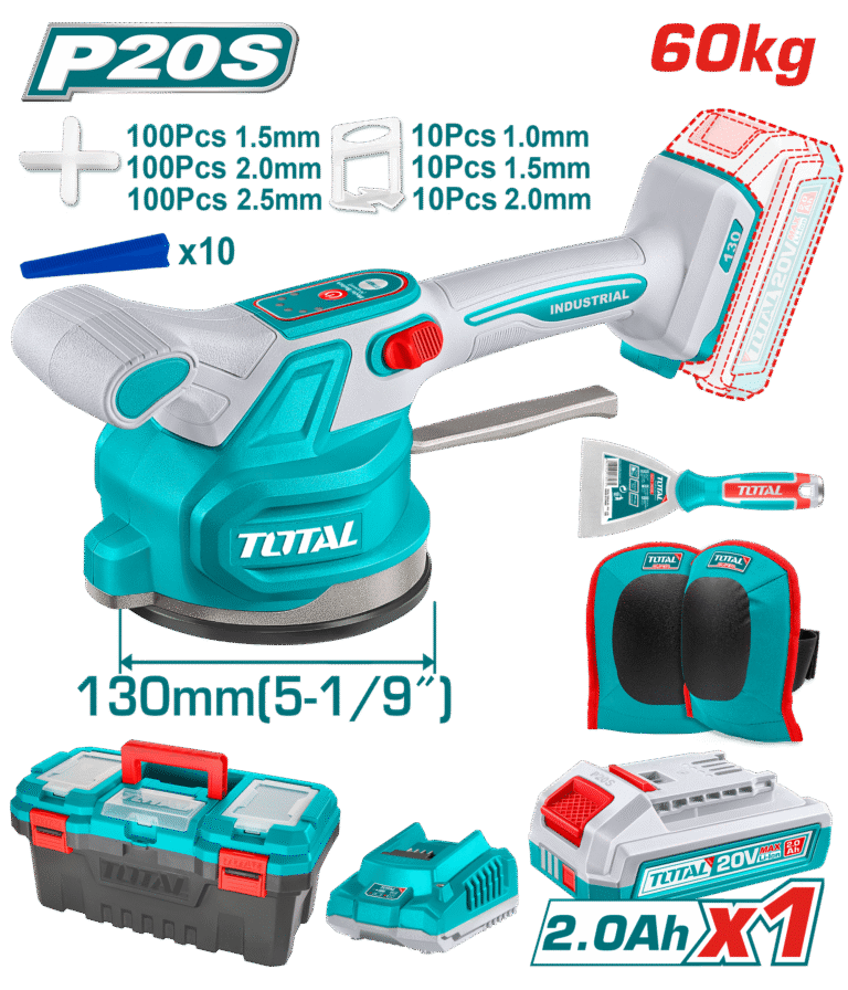 TOTAL Cordless Tile Vibration Machine – 20V, 0–10000rpm, 60kg Suction, 130mm Pad, 6-Speed (TTVLI20018)