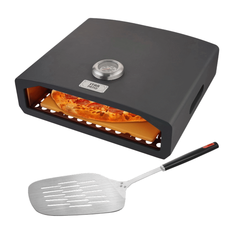 فرن بيتزا للشواية – ستانلس ستيل، مع حجر بيتزا، مقياس حرارة، مقابض وملعقة بيتزا