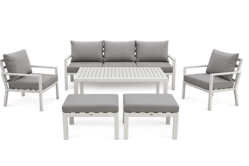 Outdoor 7-Seater Aluminum Sofa Set with Table – White Frame & Grey Cushions