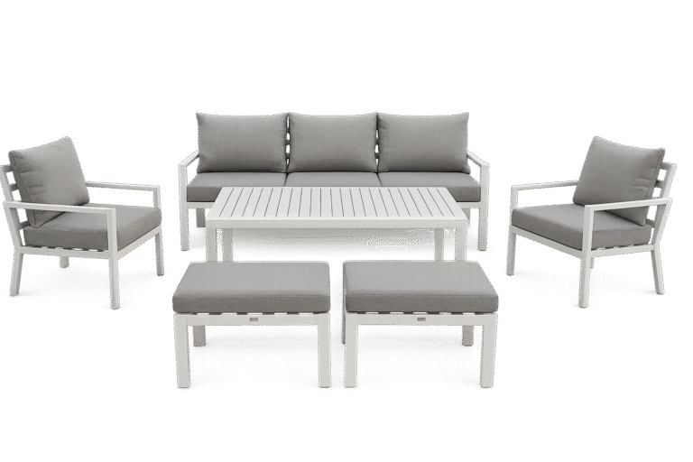 Outdoor 7-Seater Aluminum Sofa Set with Table – White Frame & Grey Cushions