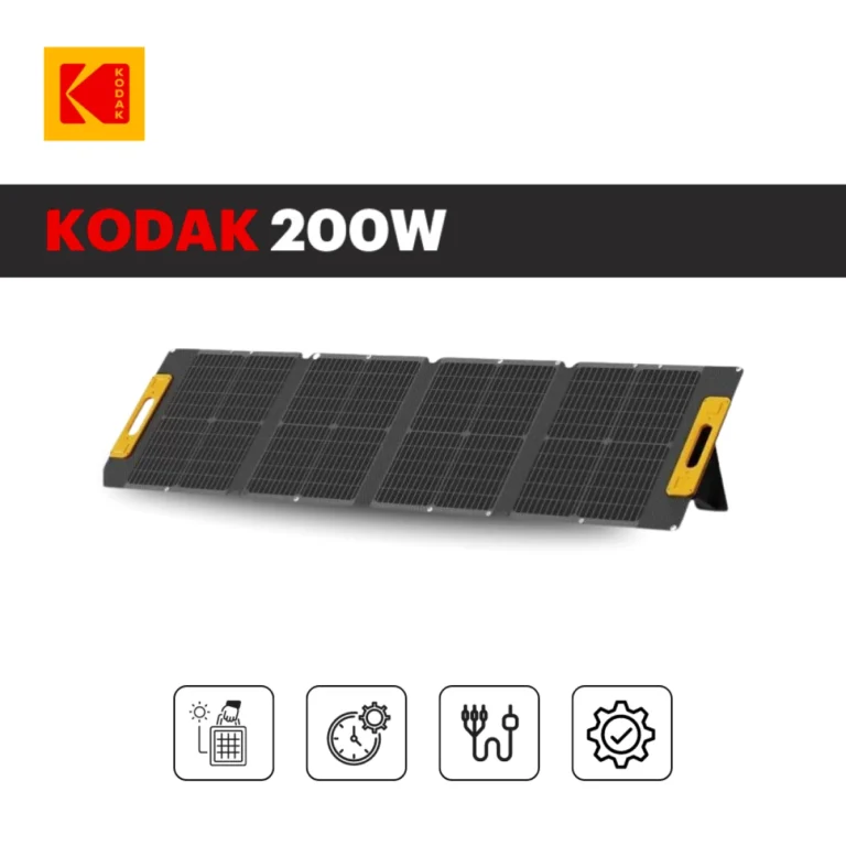 Kodak | لوح طاقة شمسية محمول 200 واط – عالي الكفاءة وخفيف ومقاوم للطقس
