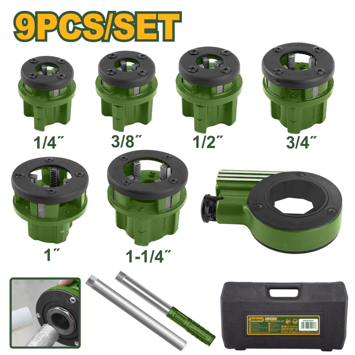 طقم تسنين مواسير – 9 قطع – BSPT من 1/4 إنش إلى 1-1/4 إنش من جادايفر (JDJK1D61)