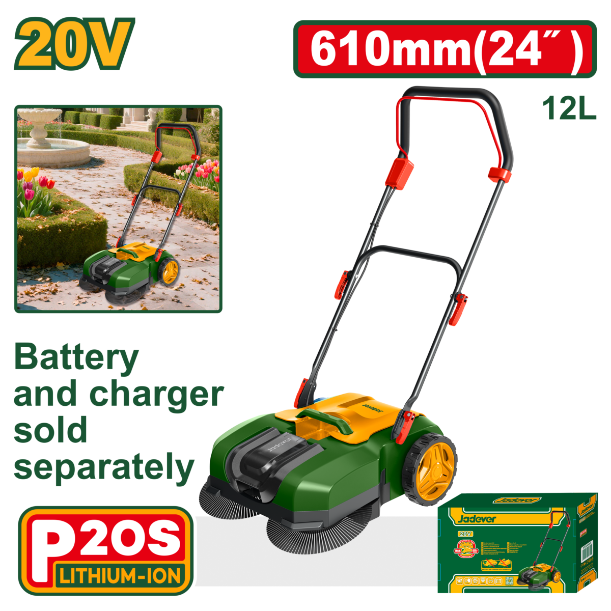 JADEVER Cordless Sweeper 20V – 610mm Sweeping Width – Hand Push (JDLSP1520)