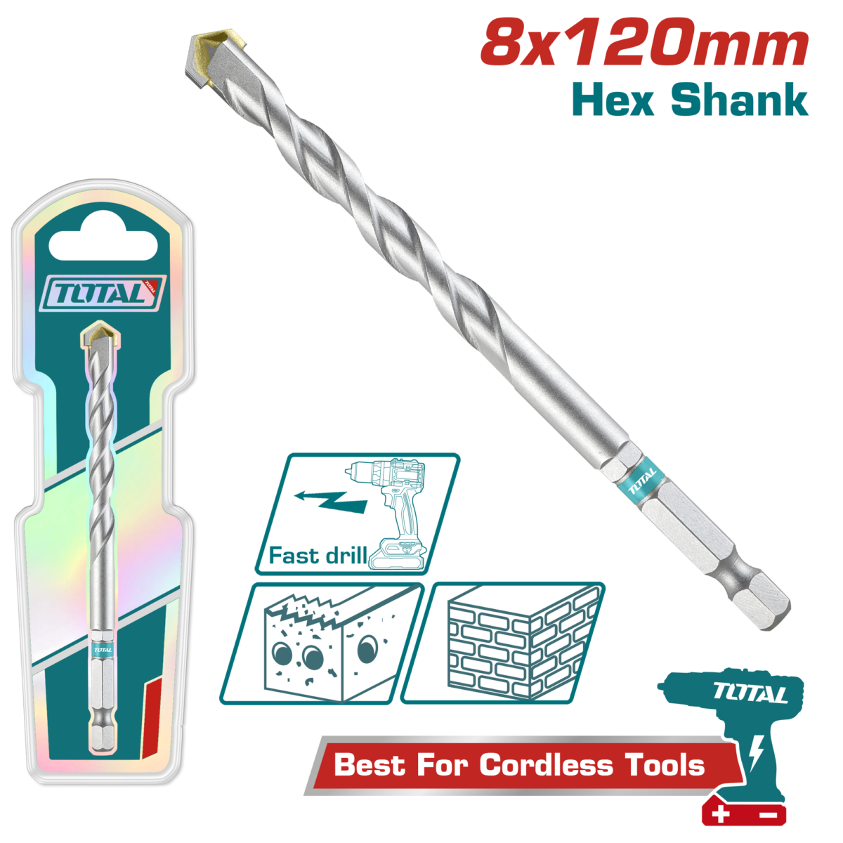 TOTAL Masonry Drill Bit – 8×120mm Hex Shank (TAC280812)