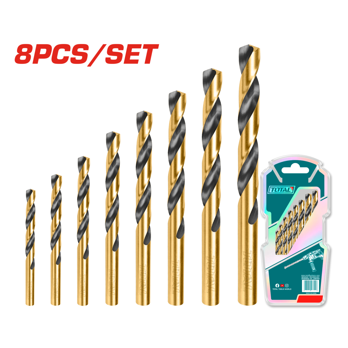TOTAL 8 Pcs HSS Twist Drill Bits Set (TACSD0801)