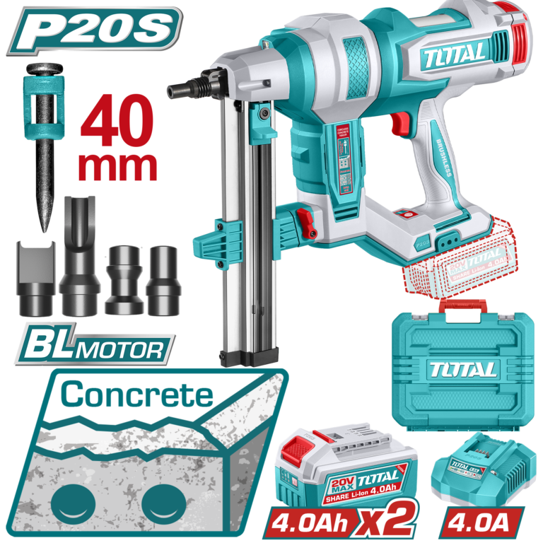 TOTAL Cordless Concrete Nailer – Brushless 20V with 2×4.0Ah Batteries (TCNLI9008)