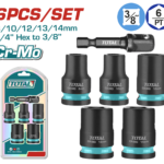 TOTAL 6 Pcs 3/8"DR Impact Socket Set – Cr-Mo, Heat Treated (THKISD38062)