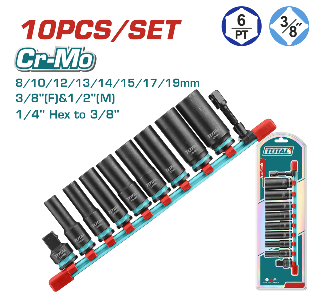 TOTAL 10 Pcs 3/8" DR. Deep Impact Socket Set (THKISD38106L)