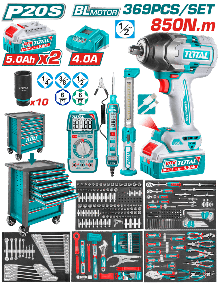 TOTAL 396 Pcs Tool Chest Set – Complete Professional Kit with 7-Drawer Chest & 20V Impact Wrench (THPTCS83692)