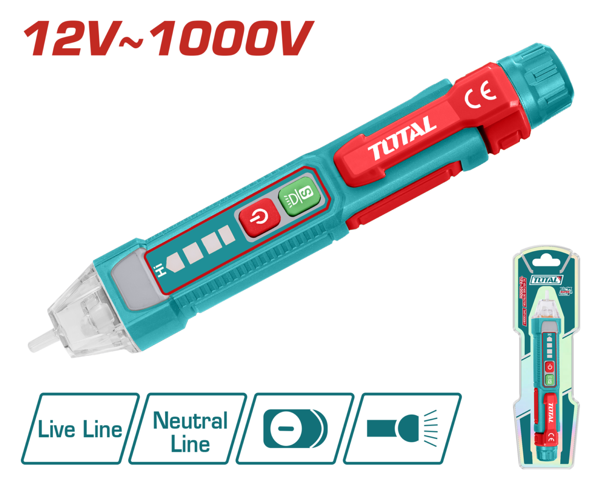 كاشف فولتية AC – مدى 12V إلى 1000V مع إنذار صوتي وضوئي من توتال (THT100091)