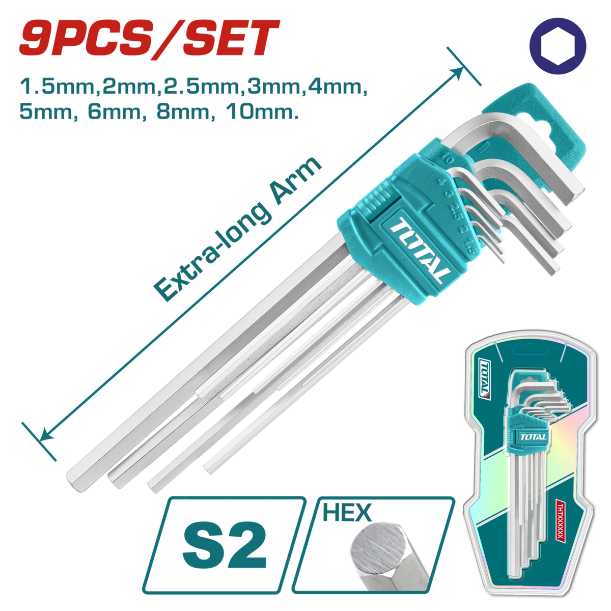 TOTAL Hex Key Set – 9 Pcs Extra-Long S2 (THT106192)