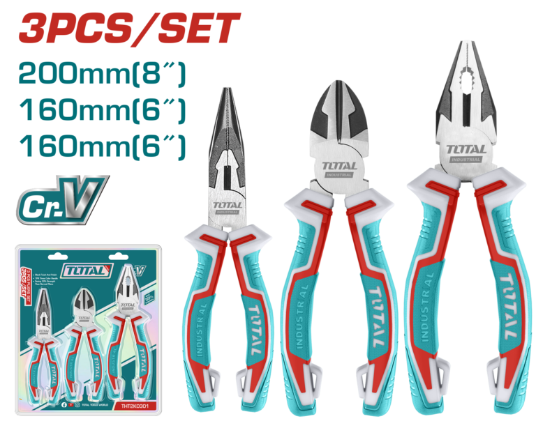 TOTAL 3 Pcs Pliers Set – Cr-V Steel – Two-Color Handle (THT2K0301)