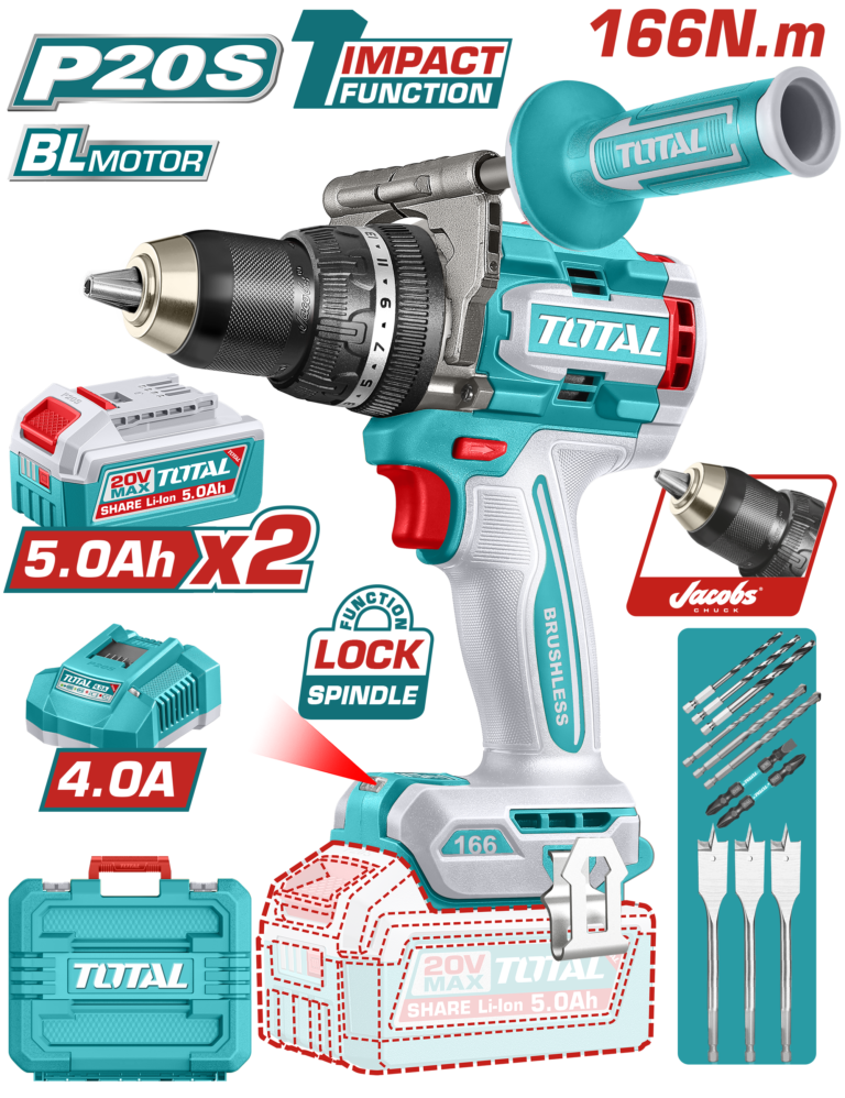 TOTAL Brushless Cordless Impact Drill 20V – 166Nm with 2×5.0Ah Batteries (TIDLI201668)