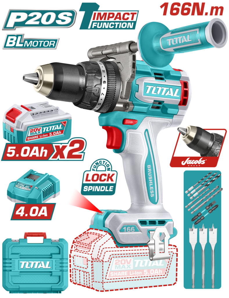 TOTAL Brushless Cordless Impact Drill 20V – 166Nm with 2×5.0Ah Batteries (TIDLI201668)