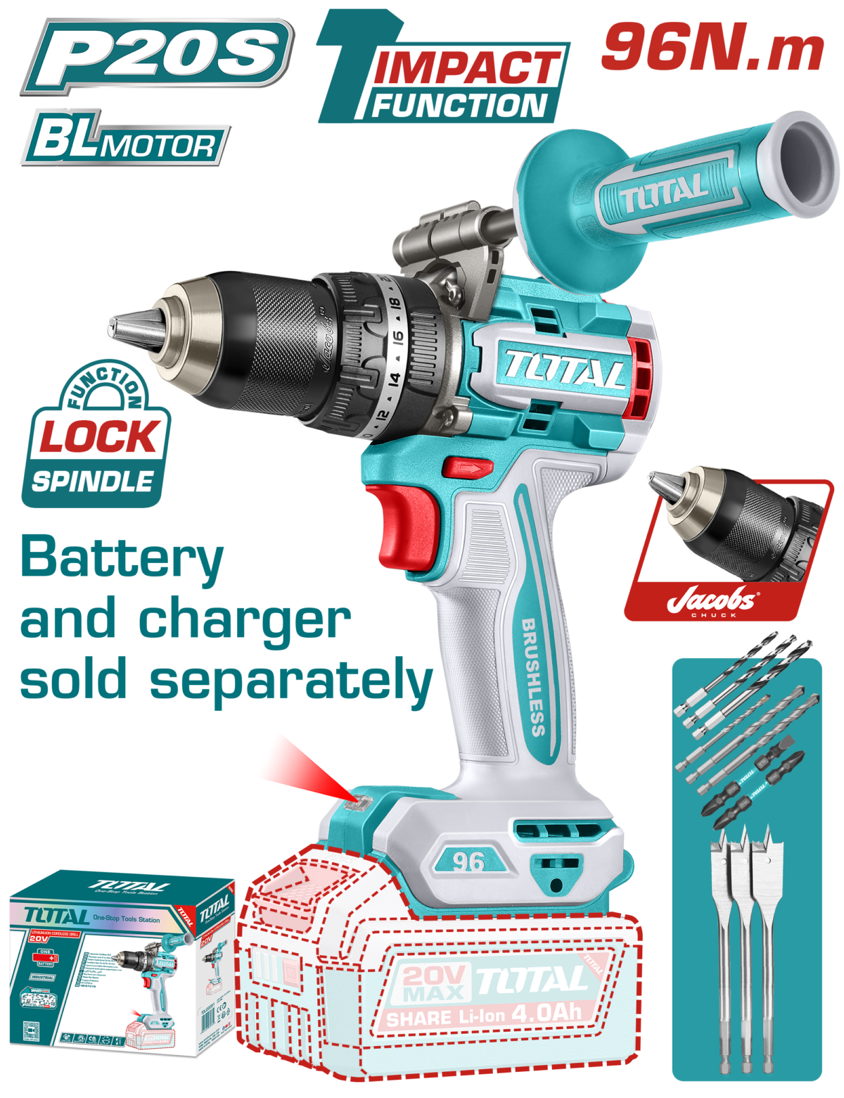 TOTAL Brushless Cordless Impact Drill 20V – 96Nm – Metal Chuck – Battery & Charger Sold Separately (TIDLI209685)