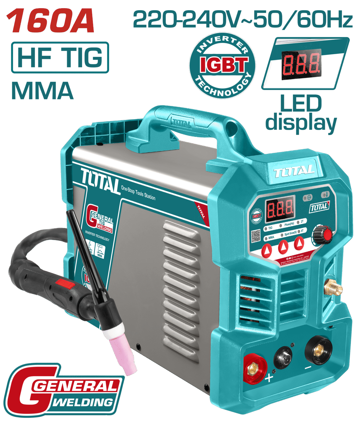 TOTAL Inverter TIG/MMA Welding Machine – 160A, Pulse & Spot Functions, LCD Display (TIG16058)