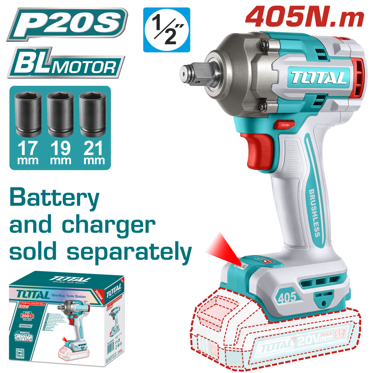 TOTAL Cordless Impact Wrench – Brushless, 1/2″ Drive, 405Nm – Battery & Charger Sold Separately (TIWLI20451)