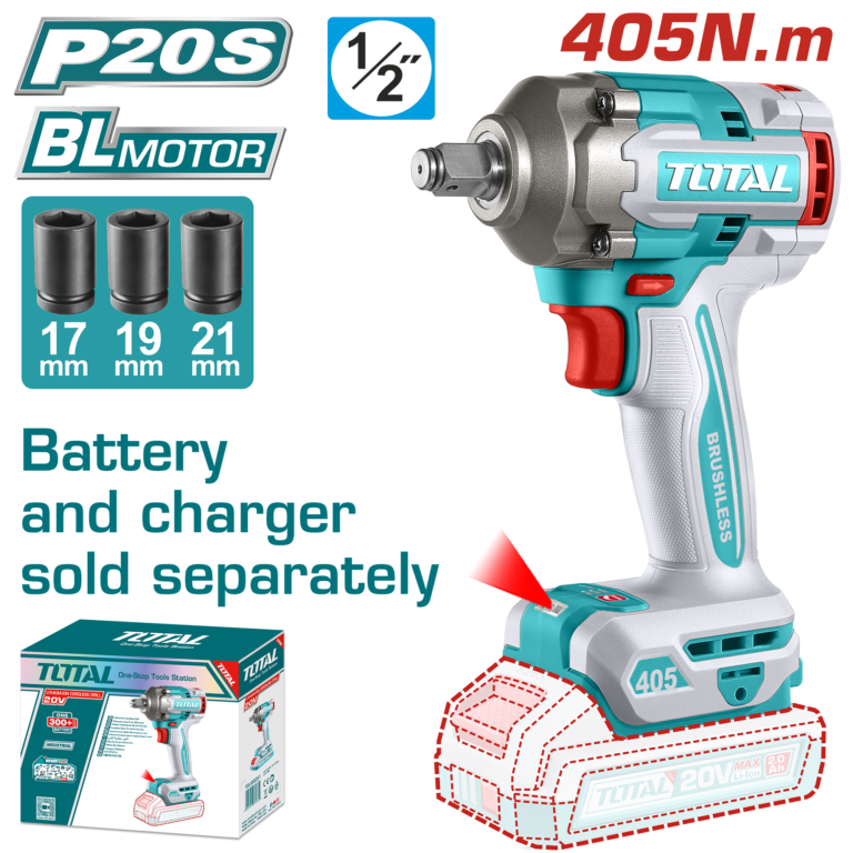 TOTAL Cordless Impact Wrench – Brushless, 1/2" Drive, 405Nm - Battery & Charger Sold Separately (TIWLI20451)