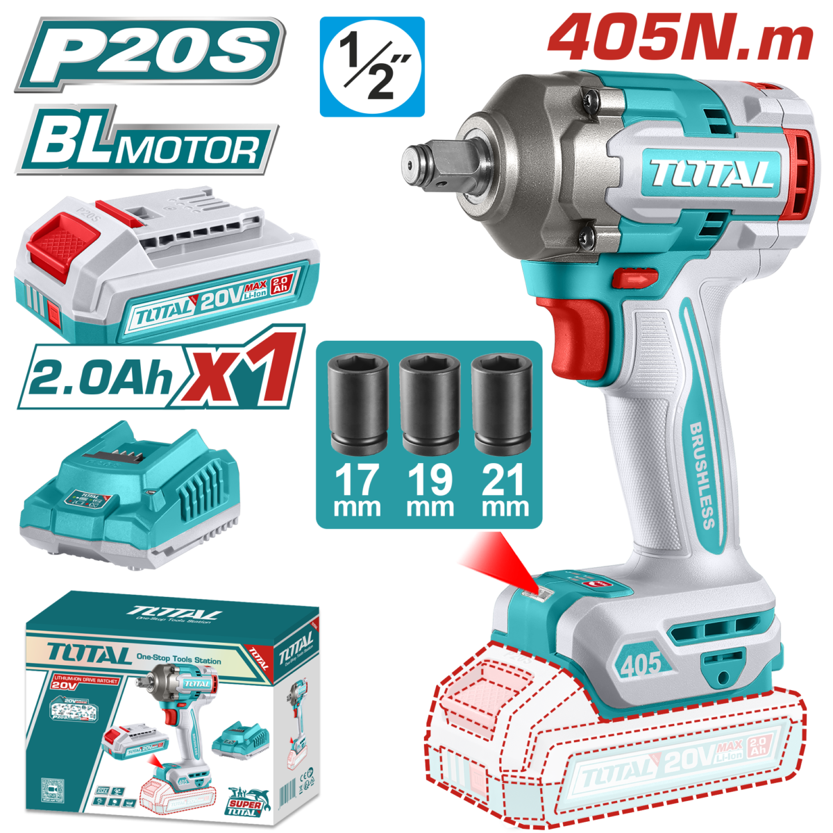 TOTAL Cordless Impact Wrench 20V – 405Nm – Brushless – 1/2″ Square Drive (TIWLI20455)