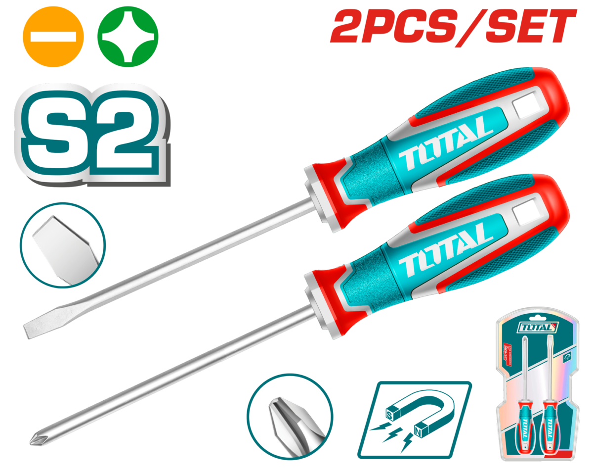 TOTAL 2 Pcs Screwdriver Set – S2 Steel – Magnetic Tips (TKSDS0226)