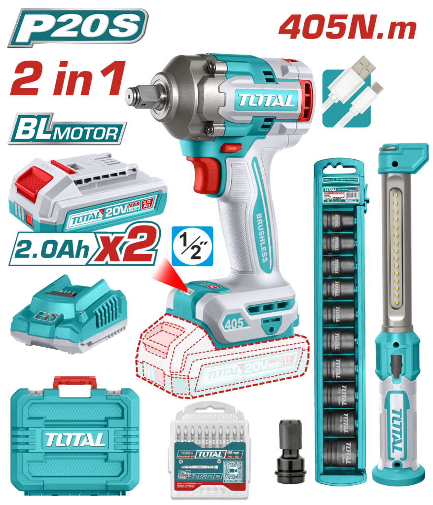 TOTAL Cordless 2 Pcs Combo Kit – Impact Wrench 20V & Work Lamp (TOSLI23056)