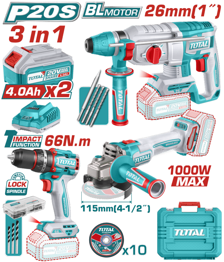 TOTAL Cordless 3 Pcs Combo Kit – 20V Brushless Impact Drill, Angle Grinder & Rotary Hammer (TOSLI241198)