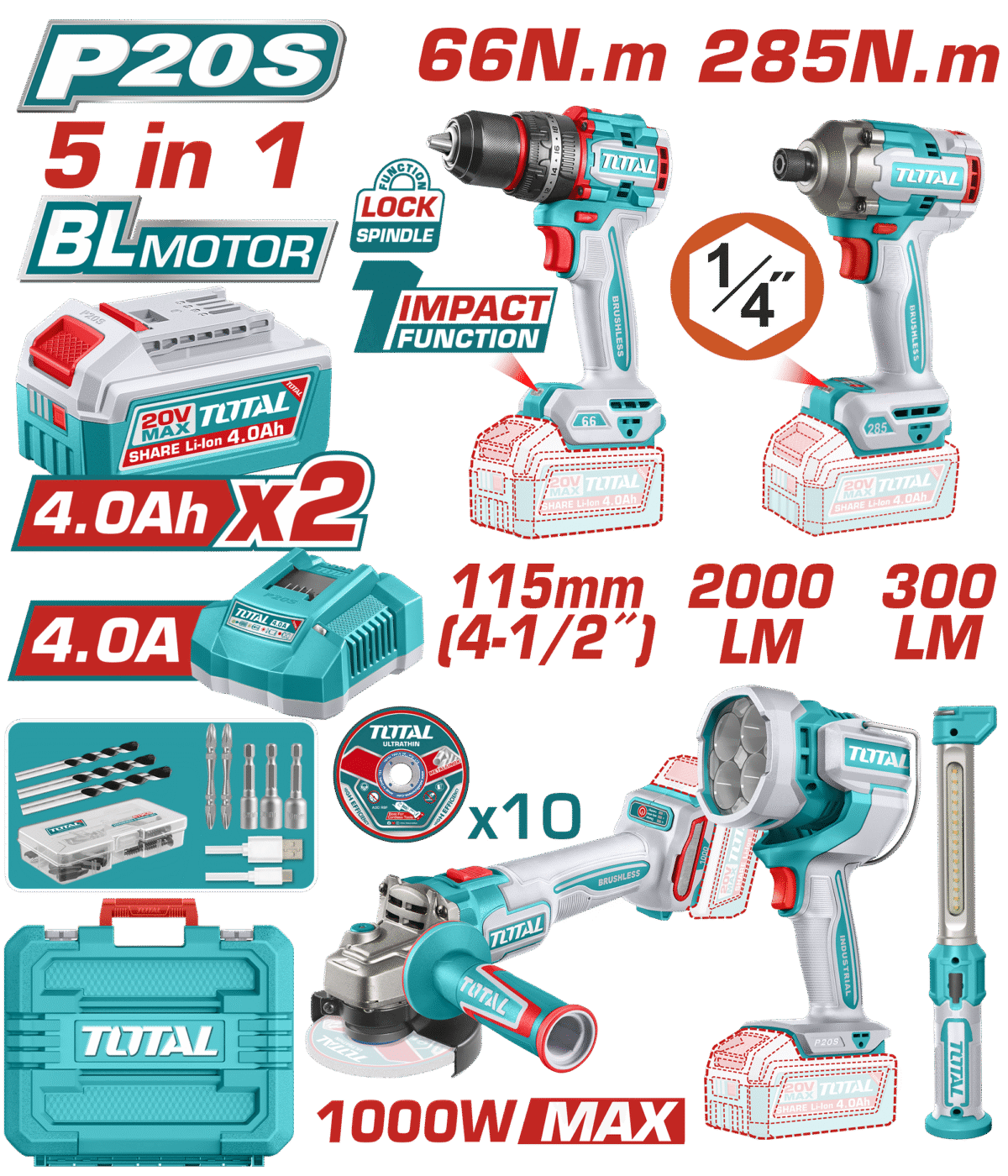 TOTAL Cordless 5 Pcs Combo Kit 20V with Brushless Impact Drill, Impact Driver, Angle Grinder, Work Lamps (TOSLI250692)