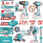 TOTAL Cordless 5 Pcs Combo Kit 20V with Brushless Impact Drill, Impact Driver, Angle Grinder, Work Lamps (TOSLI250692)