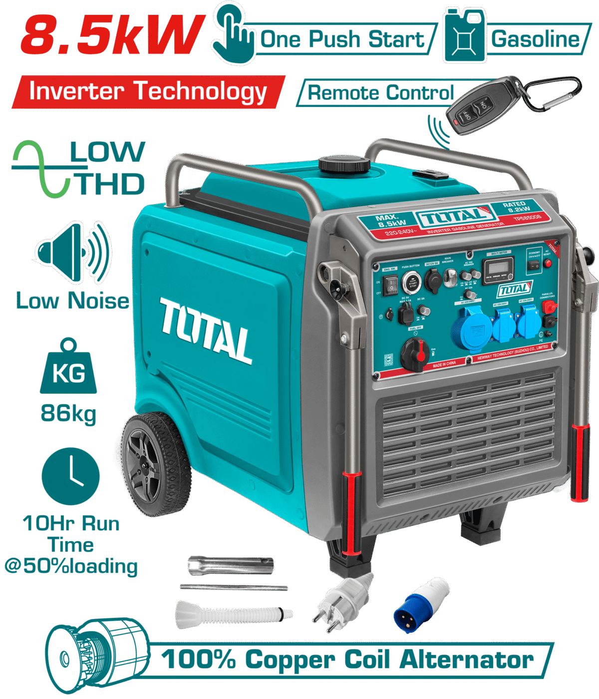 TOTAL Inverter Gasoline Generator – 8.5kW Max Output, Remote Start, Pure Sine Wave (TP585006)