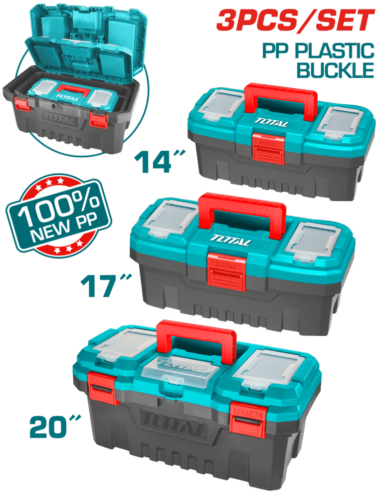 TOTAL 3 Pcs Plastic Tool Boxes Set – 14" / 17" / 20" Heavy-Duty PP (TPBXK0031)
