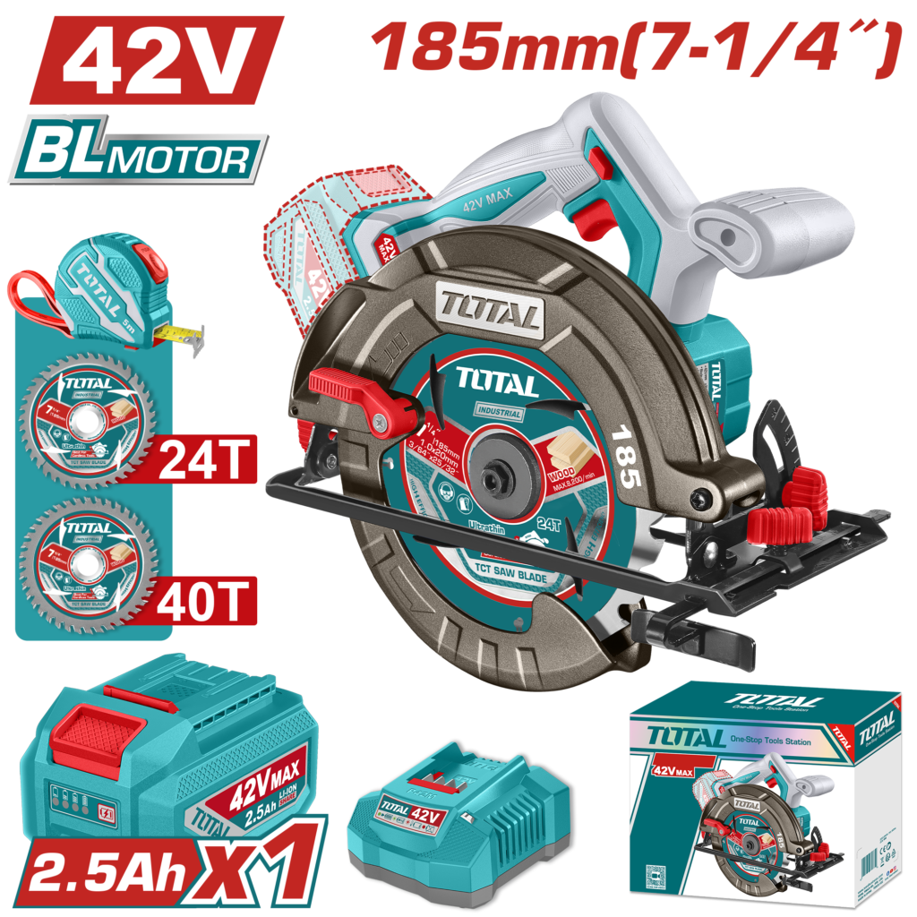 TOTAL Cordless Circular Saw – Brushless 42V, 185mm Blade (TSLI4218511)