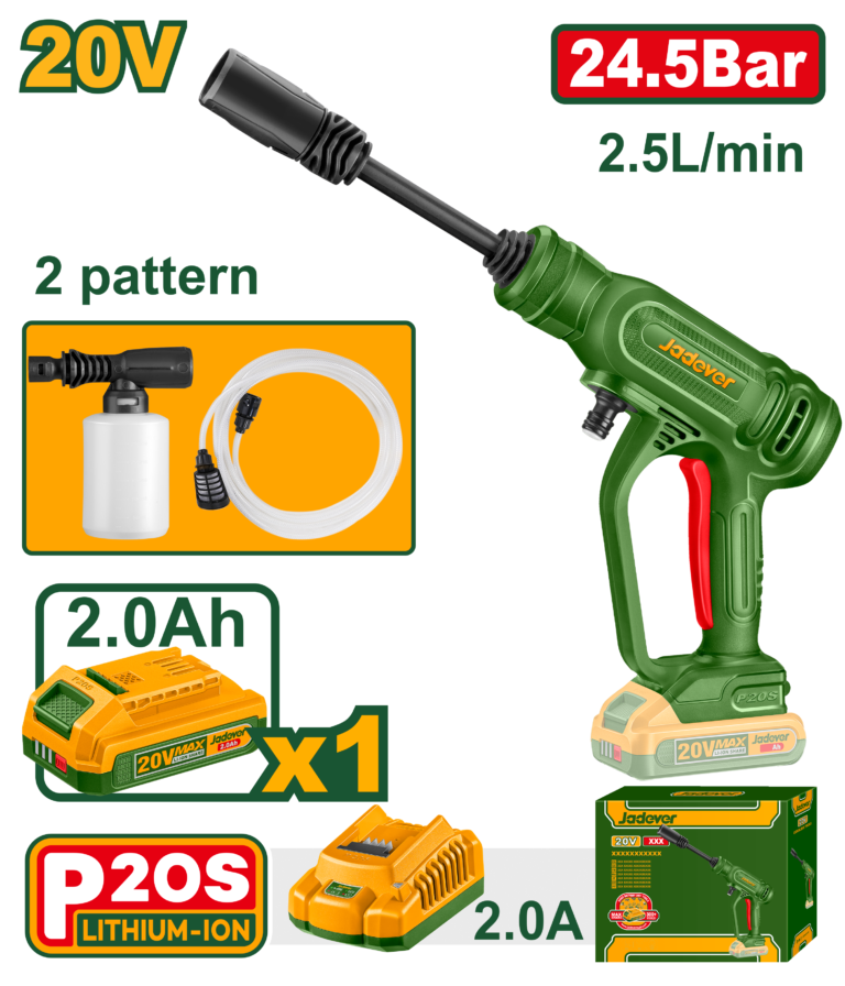 JADEVER Cordless Pressure Washer 20V – Portable High Pressure Cleaner with Battery & Foam Bottle (JDQX01203)