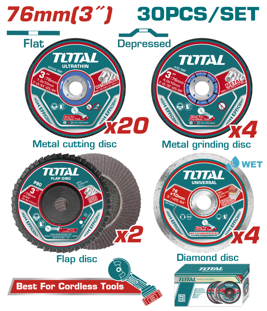 TOTAL 30 Pcs Cutting and Grinding Disc Set 76mm for Mini Angle Grinder (TAC97630)