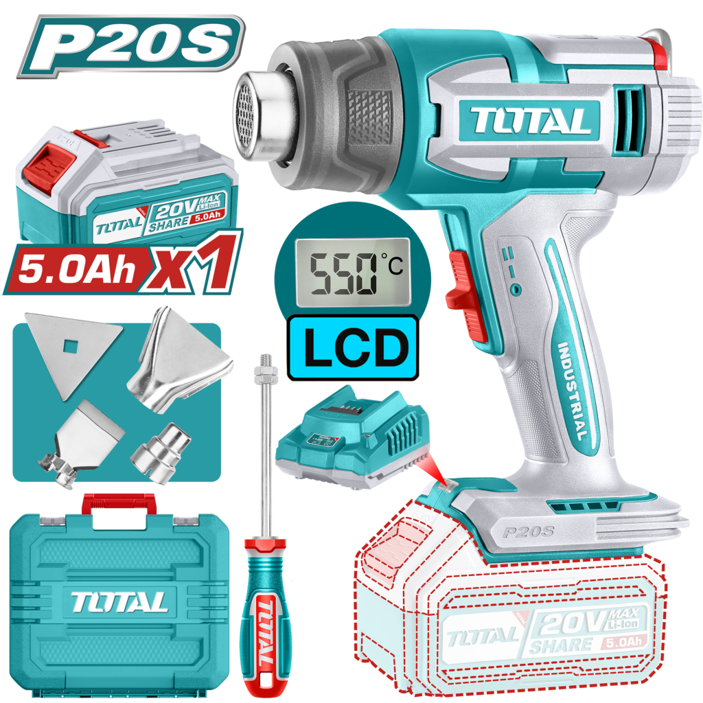 TOTAL Cordless Heat Gun 20V with LCD Display and Accessories (TBLI20035)