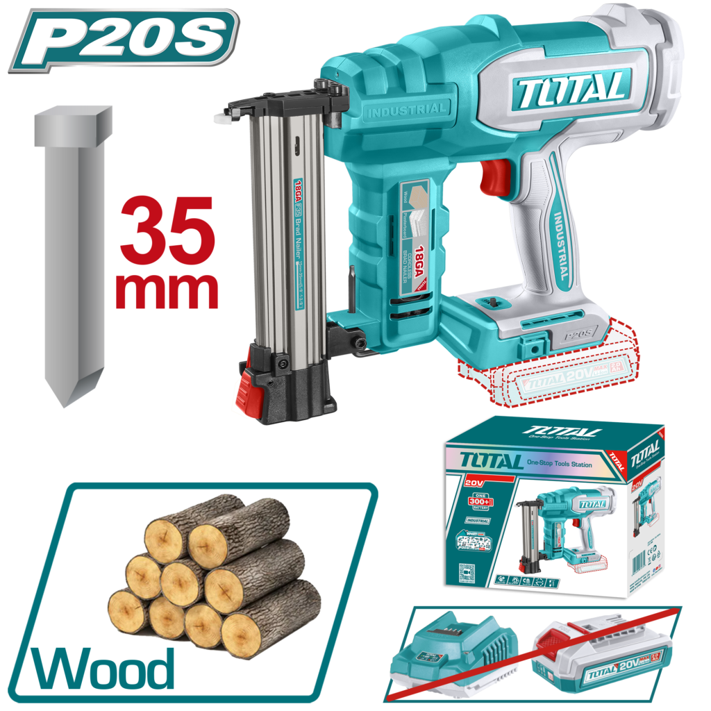 TOTAL Cordless Brad Nailer 20V – Battery Operated Finish Nailer - Battery & Charger Sold Separately (TCBNLI2005)