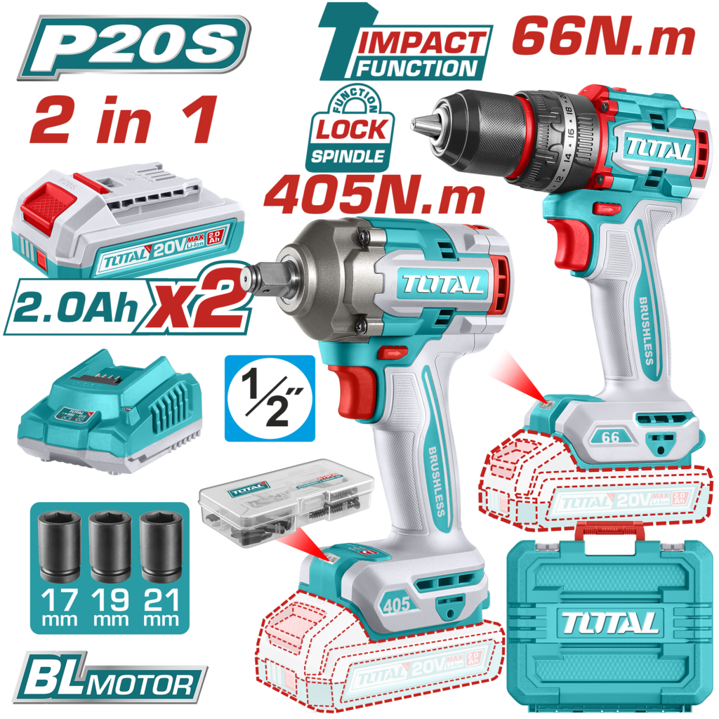 TOTAL Cordless 2 Pcs Combo Kit 20V – Brushless Impact Drill & Impact Wrench with 2 Batteries (TCKLI20286)