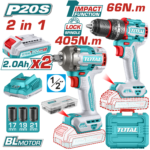 TOTAL Cordless 2 Pcs Combo Kit 20V – Brushless Impact Drill & Impact Wrench with 2 Batteries (TCKLI20286)