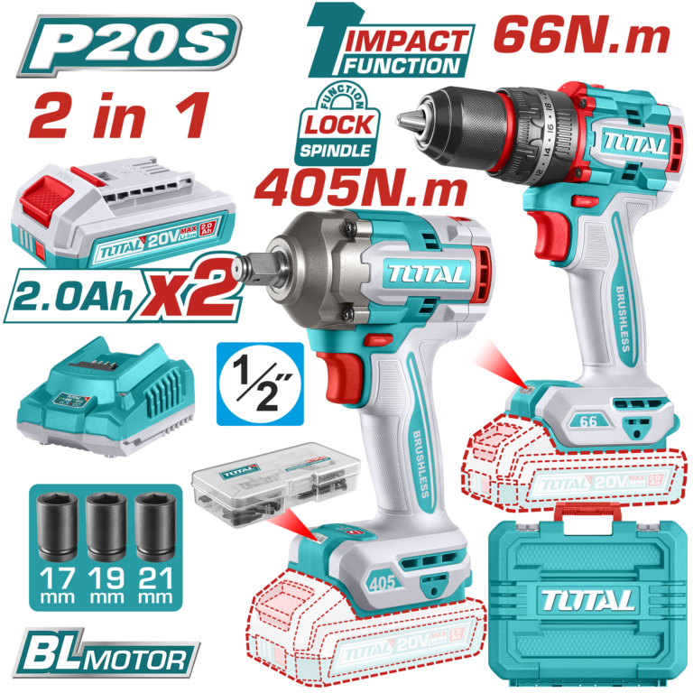 TOTAL Cordless 2 Pcs Combo Kit 20V – Brushless Impact Drill & Impact Wrench with 2 Batteries (TCKLI20286)