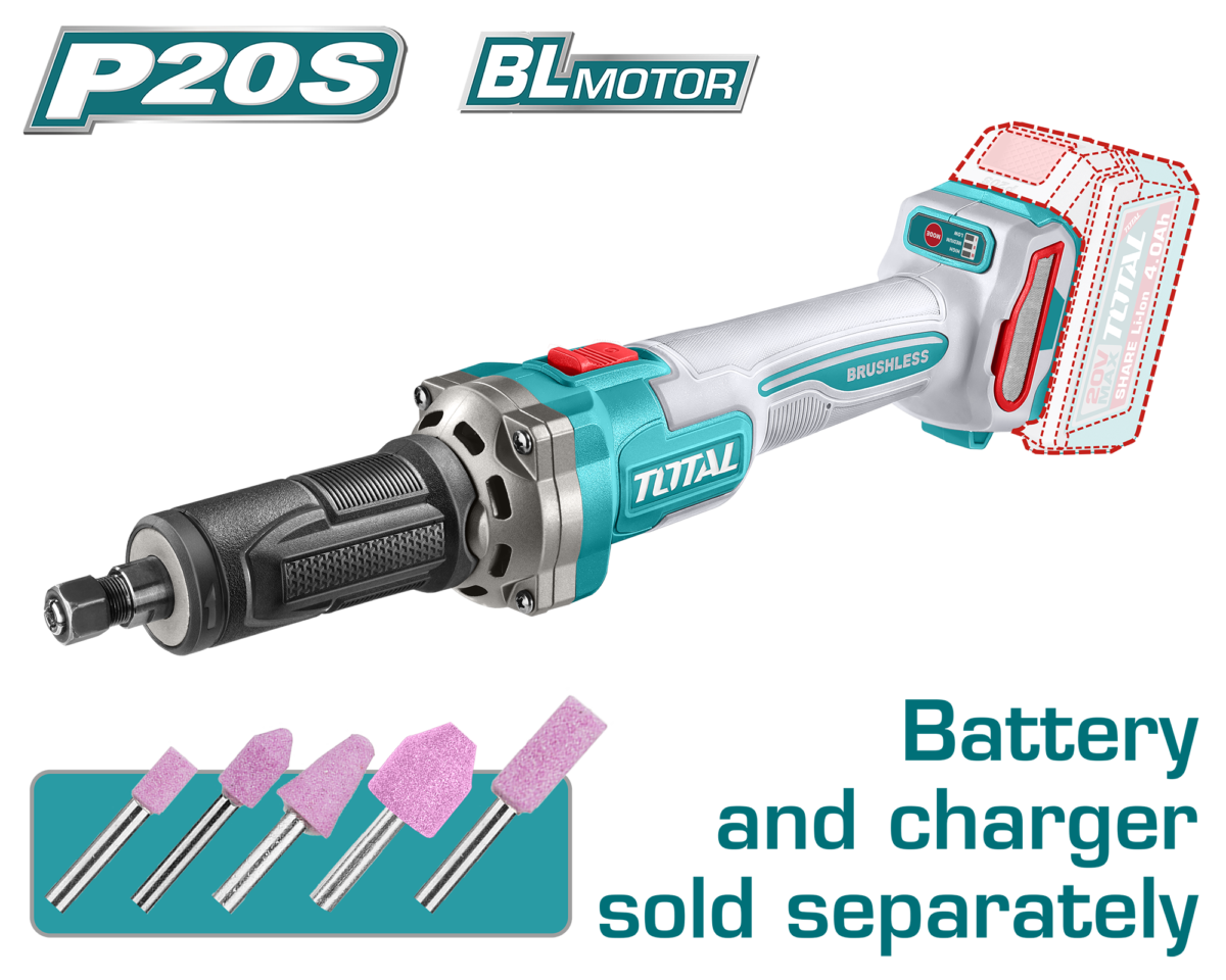 TOTAL Cordless Die Grinder 20V Brushless Variable Speed – Battery & Charger Sold Separately (TDGLI2001)