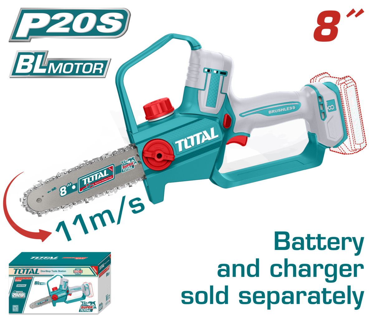 TOTAL Cordless Pruner Saw 20V Brushless –20cm | 8″ Bar – Battery & Charger Sold Separately (TGSLI2088)