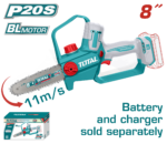 منشار تقليم شجر شحن 20 فولت بدون فحمات – سكة 8 إنش | 20 سم من توتال (TGSLI2088)