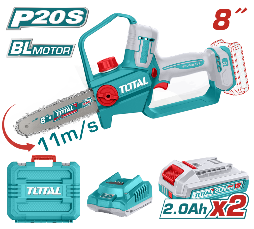 TOTAL Cordless Pruner Saw 20V Brushless – 20cm | 8" Bar with 2 Batteries (TGSLI20882)