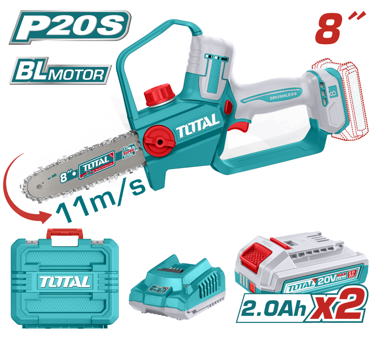 TOTAL Cordless Pruner Saw 20V Brushless – 20cm | 8″ Bar with 2 Batteries (TGSLI20882)
