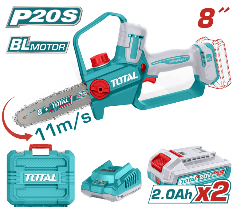 TOTAL Cordless Pruner Saw 20V Brushless – 20cm | 8" Bar with 2 Batteries (TGSLI20882)