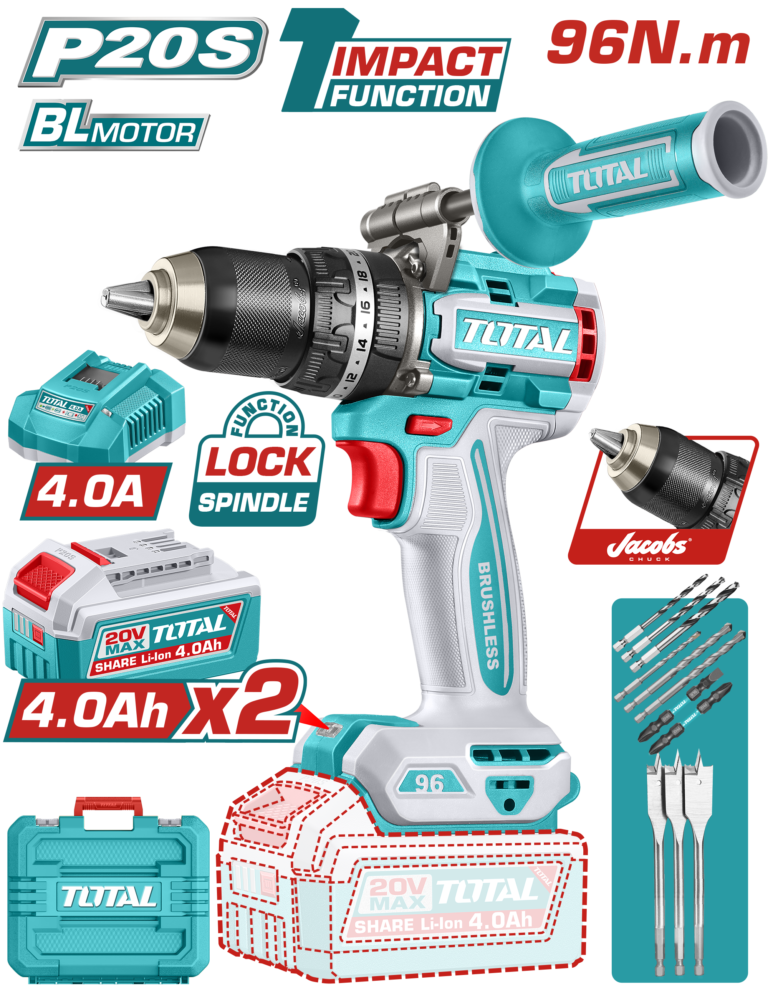TOTAL Brushless Cordless Impact Drill 20V – 96Nm with 2×4.0Ah Batteries (TIDLI209686)