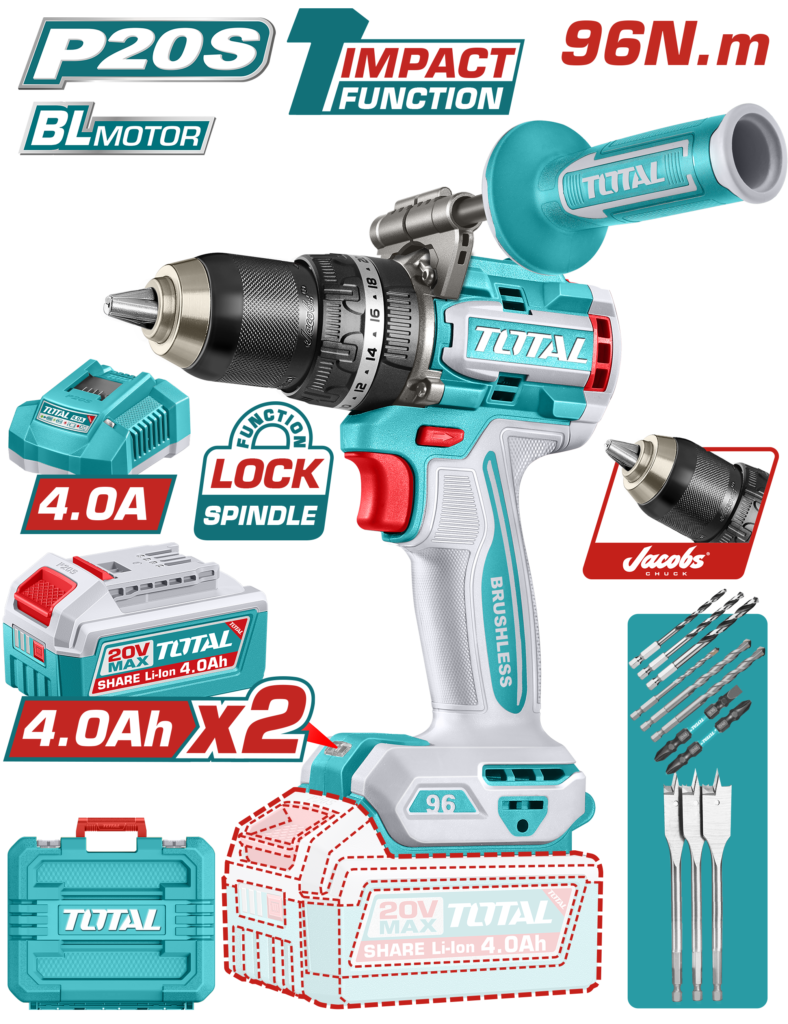 TOTAL Brushless Cordless Impact Drill 20V – 96Nm with 2×4.0Ah Batteries (TIDLI209686)