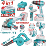 طقم أدوات شحن 4 قطع 20 فولت – صاروخ، درل، بلور و كشاف من توتال (TOSLI250993)